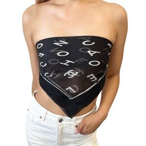 CHANEL Vintage CC Mark Logo Scarf See-through Wrap Top Black White Silk [106327]